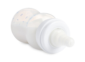 Feeding bottle with dairy free infant formula on white background, closeup