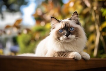 Environmental portrait photography of a curious ragdoll cat playing against a picturesque park bench. With generative AI technology
