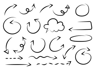 Hand drawn signs for social networks. Brush stoke, speech bubble, line, cute doodle glitter pen line elements. Vector set with lines and arrows