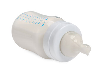 One feeding bottle with infant formula on white background