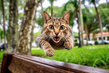 Environmental portrait photography of a funny havana brown cat leaping against a picturesque park bench. With generative AI technology