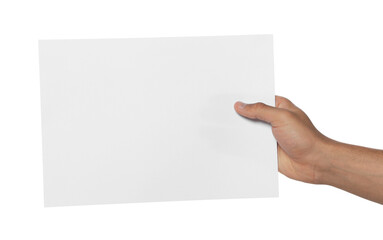 Obraz premium Man holding sheet of paper on white background, closeup. Mockup for design