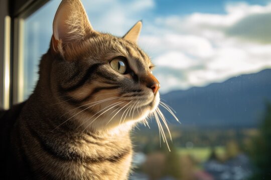 Close-up portrait photography of a cute tabby cat window watching against a scenic mountain view. With generative AI technology