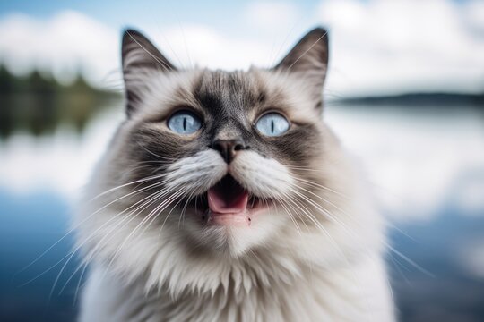 Close-up portrait photography of a smiling ragdoll cat meowing against a tranquil lake. With generative AI technology