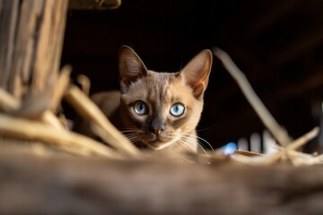 Environmental portrait photography of a smiling burmese cat paw-licking against a rustic barn. With generative AI technology