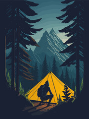 man camping in the forest, standing in front of his tent with generative ai