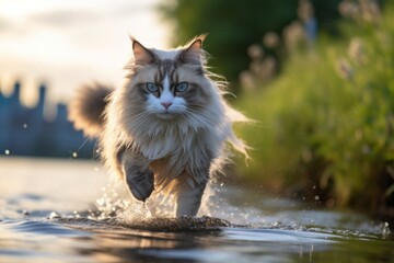 Medium shot portrait photography of a curious ragdoll cat running against a peaceful riverside. With generative AI technology