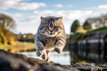 Lifestyle portrait photography of a happy scottish fold cat jumping against a peaceful riverside. With generative AI technology