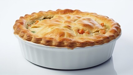 A warm bowl of chicken pot pie with a flaky crust on White Background with copy space for your text created with generative AI technology