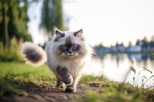 Medium shot portrait photography of a curious ragdoll cat running against a peaceful riverside. With generative AI technology