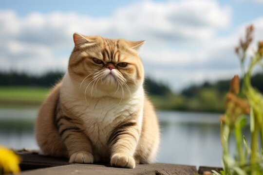 Medium shot portrait photography of a curious exotic shorthair cat begging for food against a peaceful riverside. With generative AI technology