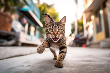 Fototapeten Medium shot portrait photography of a smiling havana brown cat running against a lively street. With generative AI technology © Markus Schröder
