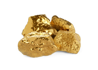 Many shiny gold nuggets on white background