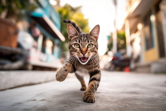 Medium shot portrait photography of a smiling havana brown cat running against a lively street. With generative AI technology