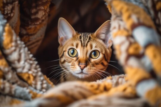 Medium shot portrait photography of a smiling bengal cat playing against a cozy blanket. With generative AI technology