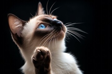 Environmental portrait photography of a curious balinese cat paw-licking against a sophisticated studio backdrop. With generative AI technology