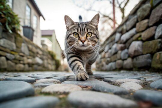 Environmental portrait photography of a funny american shorthair cat hopping against a quaint cobblestone path. With generative AI technology
