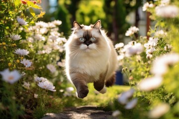 Naklejka na ściany i meble Lifestyle portrait photography of a funny sacred birman cat leaping against a lush flowerbed. With generative AI technology