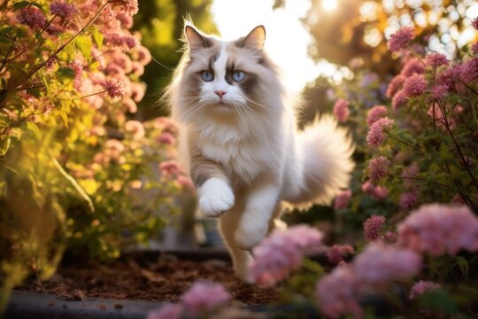Lifestyle portrait photography of a funny sacred birman cat leaping against a lush flowerbed. With generative AI technology