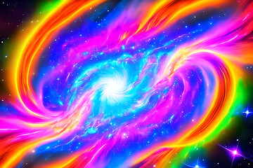 Fototapeta premium A cosmic neon light abstract background, with swirling galaxies, celestial bodies, and nebulous formations