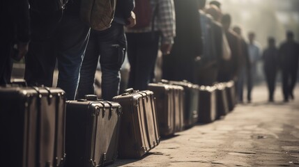 Refugees People With Luggage Walking In A Row, Generative ai - obrazy, fototapety, plakaty