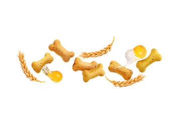 dog biscuits with eggs and wheat in the air on a transparent background