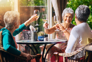 Cheers, champagne and senior women or friends in retirement, reunion or social celebration, success and happy. Wine glasses, celebrate and elderly people or customer toast, restaurant and hospitality