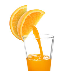 Making orange fresh. Juice pouring from orange citrus slices into glass on white background