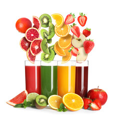 Different types of juices and fresh fruits on white background © New Africa