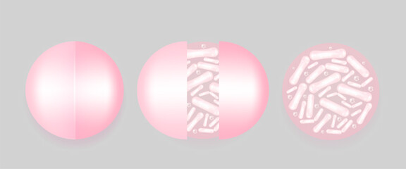 Probiotic and Hyaluronic acid skin solutions ad, pink collagen and vitamin capsule, and vitamin serum drop with cosmetic advertising background ready to use illustration vector.