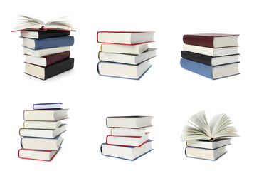 Set of different stacked books isolated on white