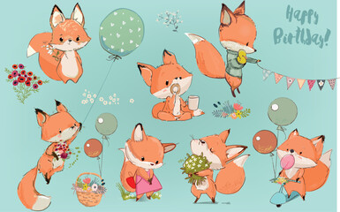set with cute cartoon foxes
