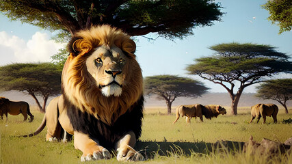 Un regale e imponente leone è sdraiato sul fianco ad osservare l'orizzonte probabilmente in cerca della prossima preda. Creato con AI. - obrazy, fototapety, plakaty