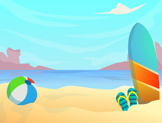Summertime recreation illustration. Beach ball, flip flops and surfboard on sand near sea