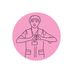 Smiling female nurse volunteer black line icon. Pictogram for web page