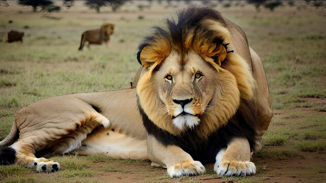 Un regale e imponente leone è sdraiato sul fianco ad osservare l'orizzonte probabilmente in cerca della prossima preda. Creato con AI.