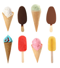 Set of different tasty ice creams on white background
