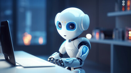 A cute humanoid robot works in an office on a computer laptop. Ai generative.