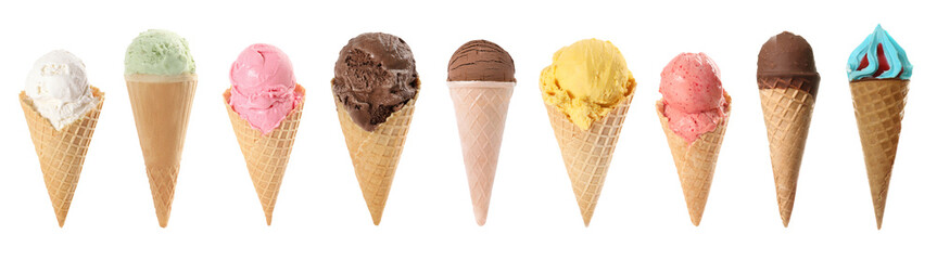 Set of different tasty ice creams on white background