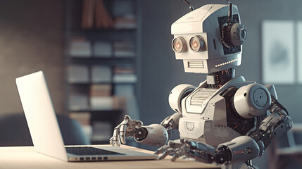 Naklejka premium Robot works in an office on a computer laptop. Ai generative.