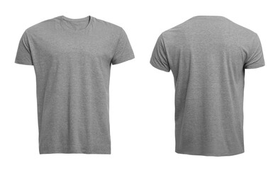 Stylish gray t-shirt on white background, front and back views. Space for design