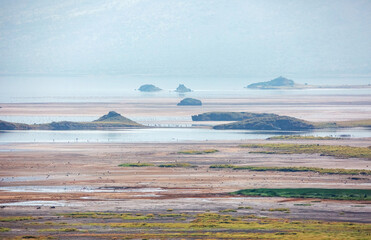 The shore of Lake Natron in the fault of the Great Rift Valley. Tanzania