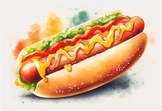 illustration of a hot dog, watercolor style Generative AI