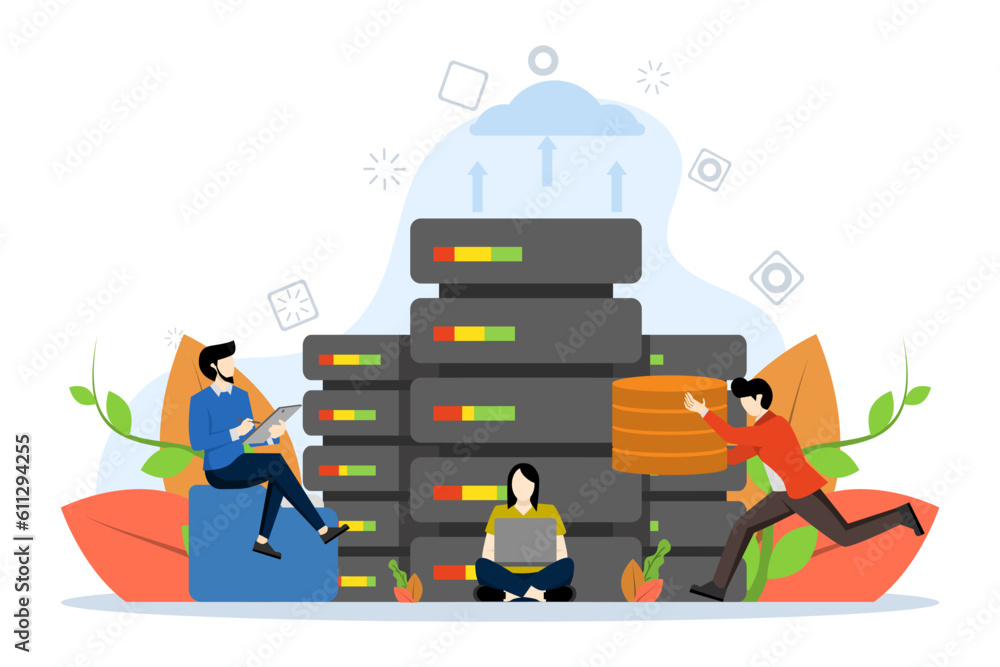 Poster cloud storage concept, showing people working in cloud center synchronous computer technology. perfe