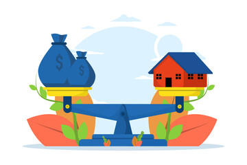 Balancing housing costs. The scale balances dollars vs. houses. financial management. the cost of building or paying for a house. flat vector illustration on white background.