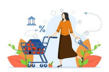 A house for sale. People House Voting Online. Real Estate Purchase Concept, Woman Buying House with Keys and Shopping Cart. Buy a House, Mortgage. Vector illustration for Web Design, Landing Page