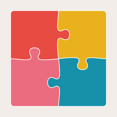 Four connected jigsaw puzzle parts flat vector illustration. Infographic template with separate matching pieces. Teamwork concept.