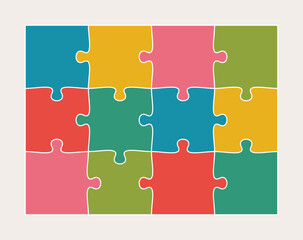 Twelve connected jigsaw puzzle parts flat vector illustration. Infographic template with separate matching pieces. Teamwork concept.