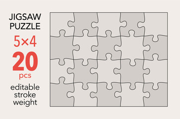 Empty jigsaw puzzle grid template, 5x4 shapes, 20 pieces. Separate matching puzzle elements. Flat vector illustration layout, every piece is a single shape