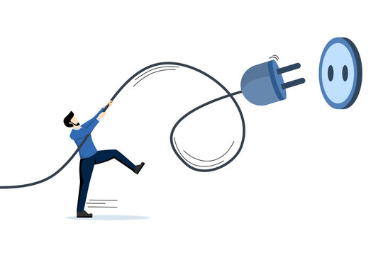 Electricity saving, ecological awareness or electricity cost reduction and spending concept, man unplugging the power cord to unplug to save money or for ecological power. flat vector illustration.
